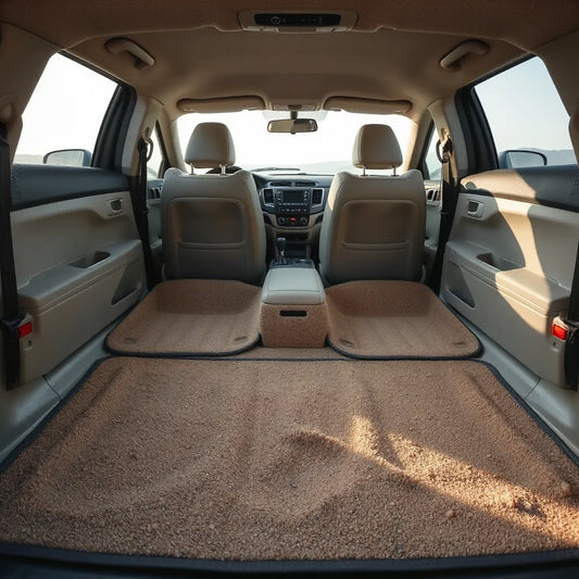 All-weather floor mats with raised edges holding light sand debris in a car interior