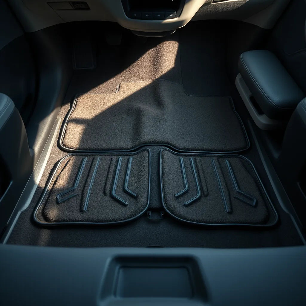 Flexible car floor mats laid in a modern car interior, showing form-fitting contours and pliable edges