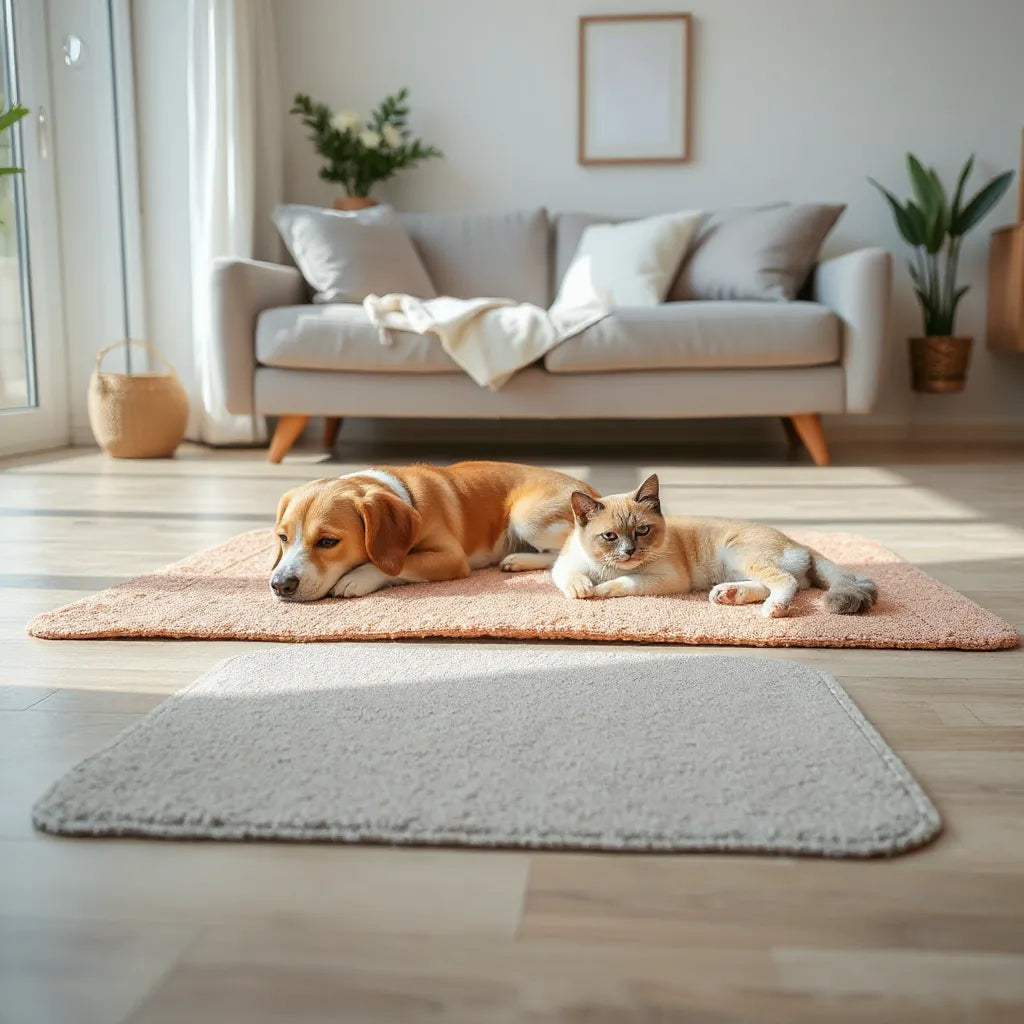 Non-slip pet-friendly mats on a clean floor with a dog and cat resting comfortably nearby