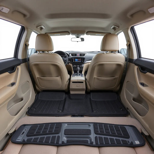 All-weather floor mats and seat accessories arranged in a clean car interior with natural daylight