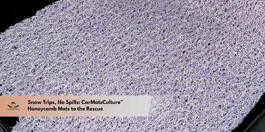 Close-up of a jacaranda mist Honeycomb car mat with spilled hot chocolate on it