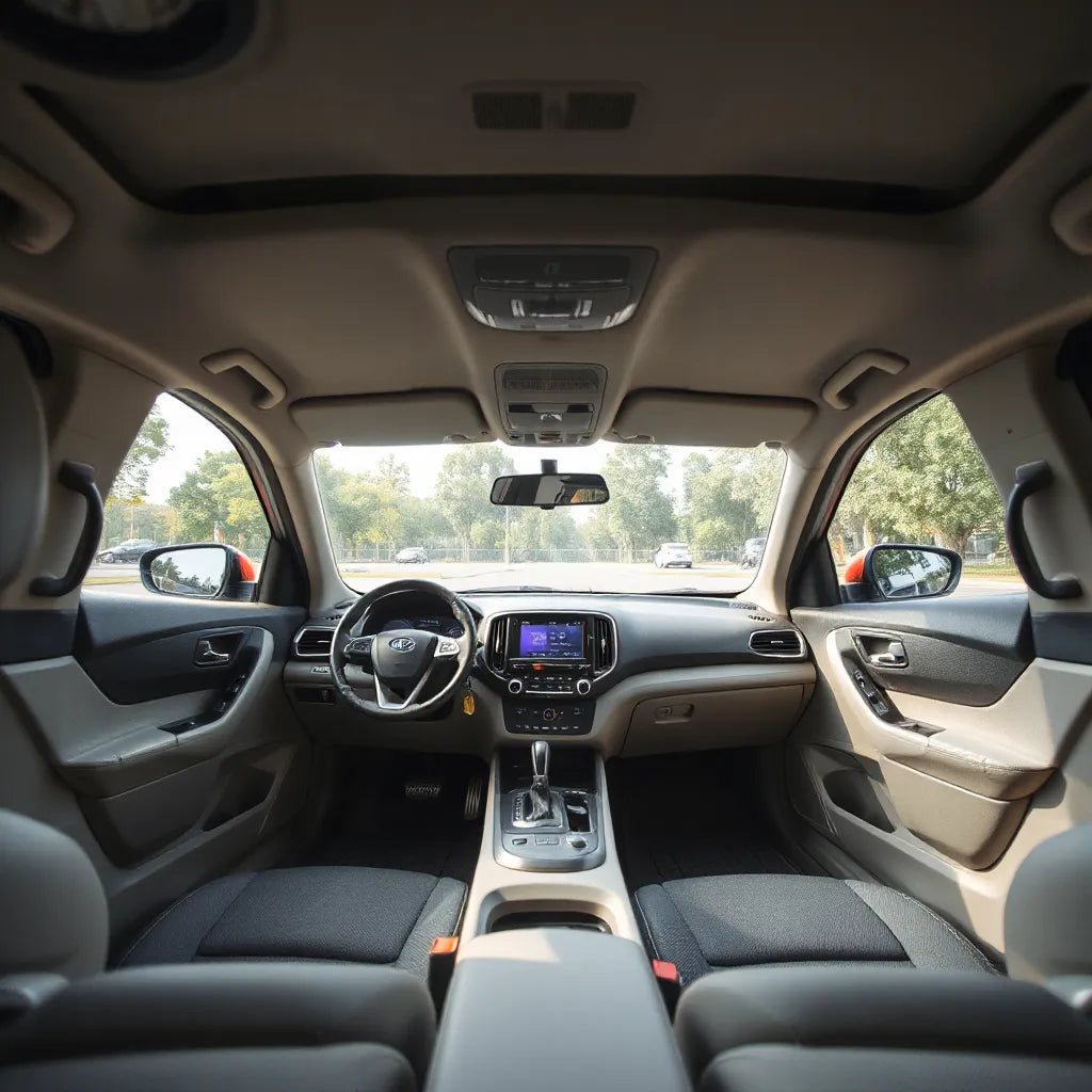 Neatly fitted custom car floor mats in a modern car interior under natural daylight