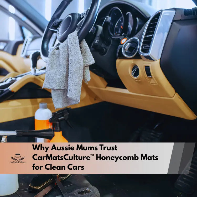Car interior with cleaning supplies and towel hanging on the steering wheel
