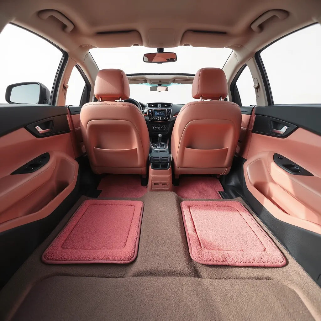 Pink car mats neatly installed on the front passenger and driver floors with clean interior flooring visible