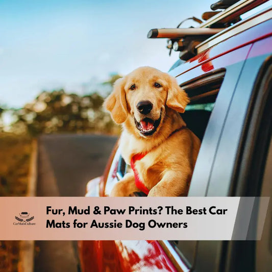 Happy golden retriever with red harness leaning out of a car window on a road trip