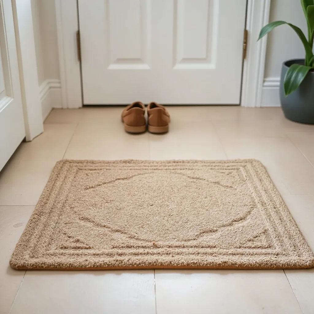 Clean floor mat at an entryway with shoes nearby on light, easy-care flooring