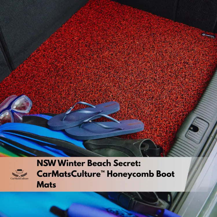 Car boot with snorkel gear and flip-flops on a red Honeycomb boot mat