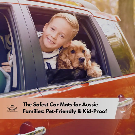 Smiling child and dog looking out of a car window together