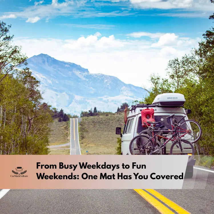 Van driving on a scenic mountain road with bikes mounted on the back