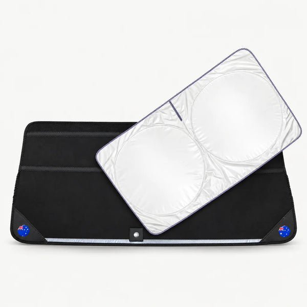 Windscreen sun shield and rear bumper protector bundle on a light background