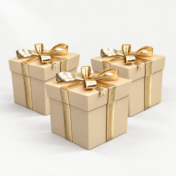Three closed gold car-accessory mystery boxes; contents not shown
