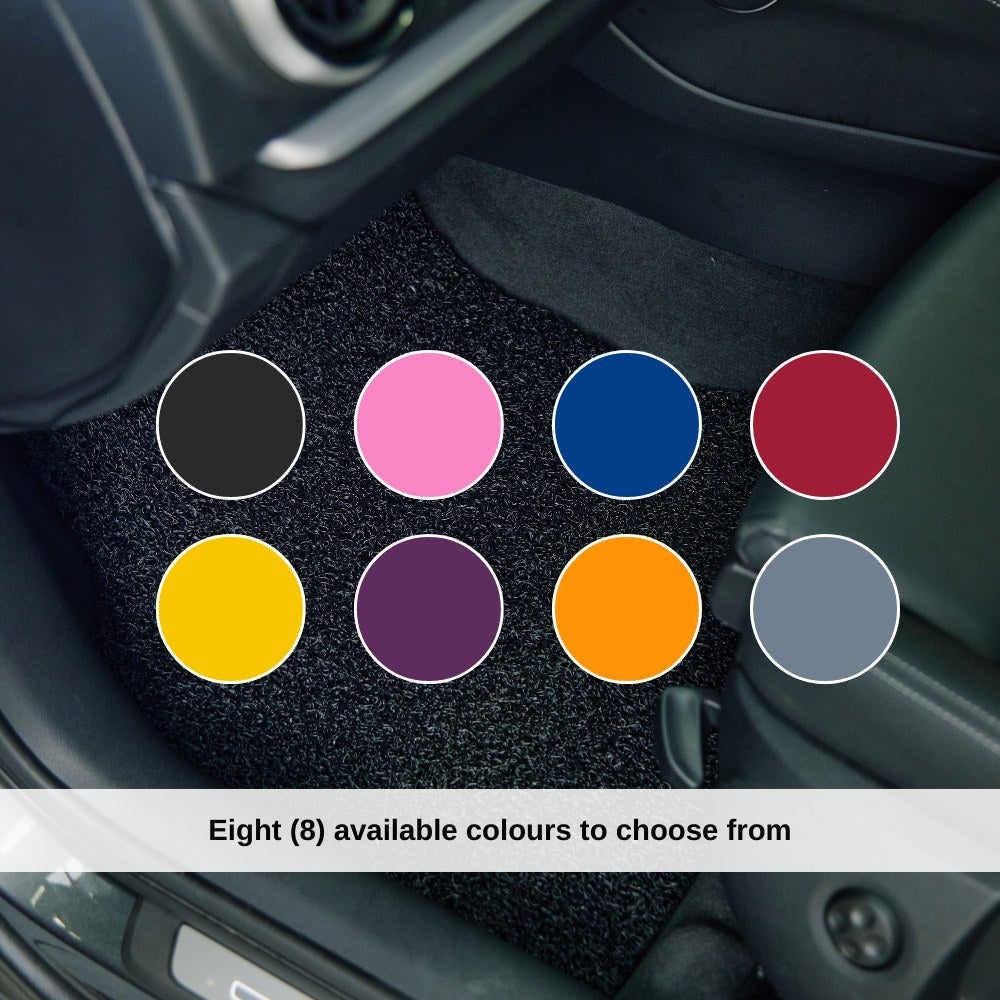 Eight CarMatsCulture Honeycomb Mat colours displayed over a fitted vehicle mat