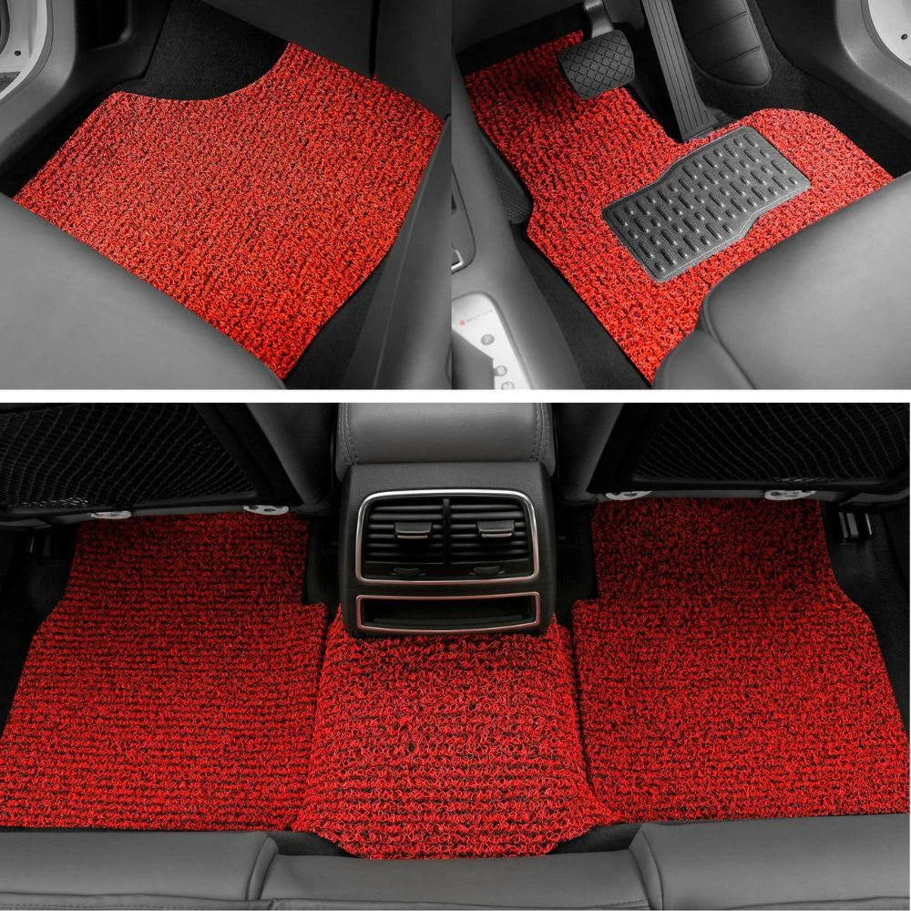 Custom-fit Vivid Burgundy mat aligned to a vehicle footwell