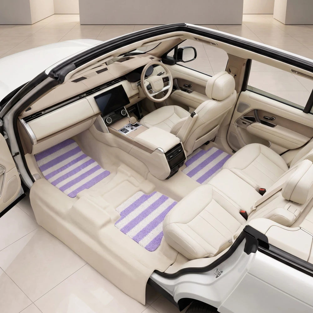 Jacaranda Wave striped car mats in a bright vehicle interior