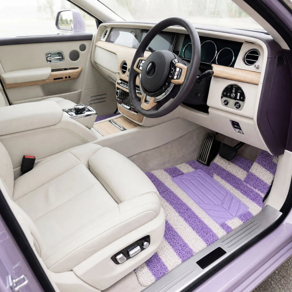 Jacaranda Wave striped car mats in a front vehicle interior