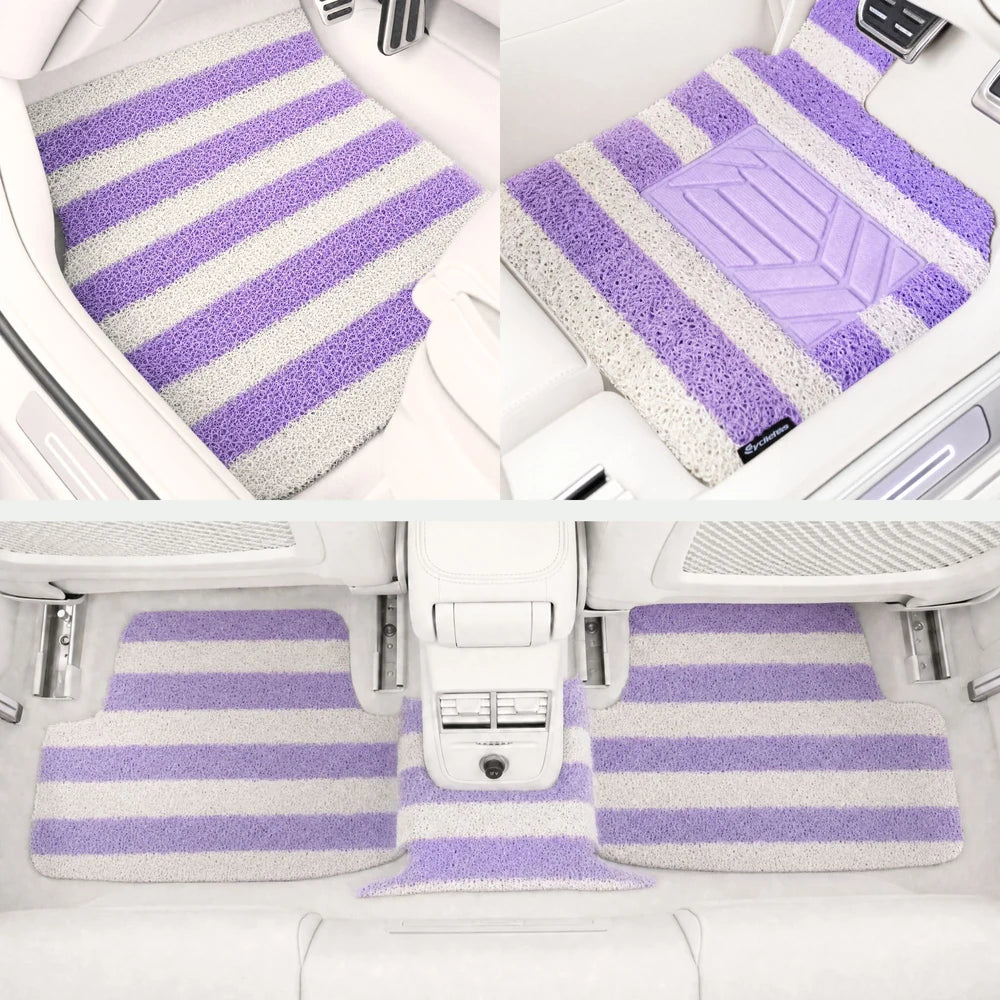 Jacaranda Wave lavender and cream striped custom car mats installed in a vehicle